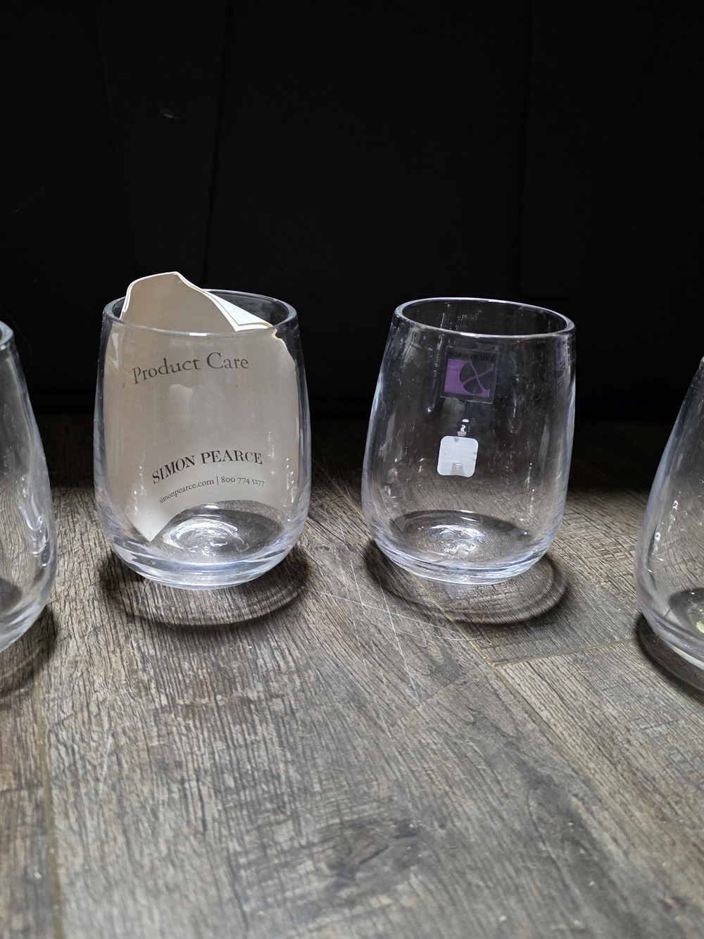 Simon Pearce Clear Stemless Wine Glasses — Set of 2 (Visible Labels)